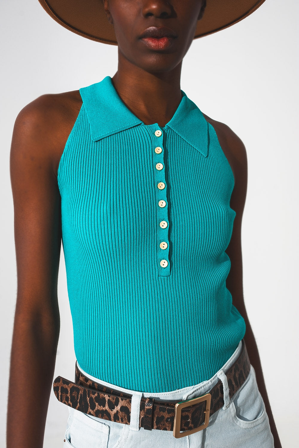 Ribbed knitted top with polo neck in turquoise Q2 Tops BoutiqueLua