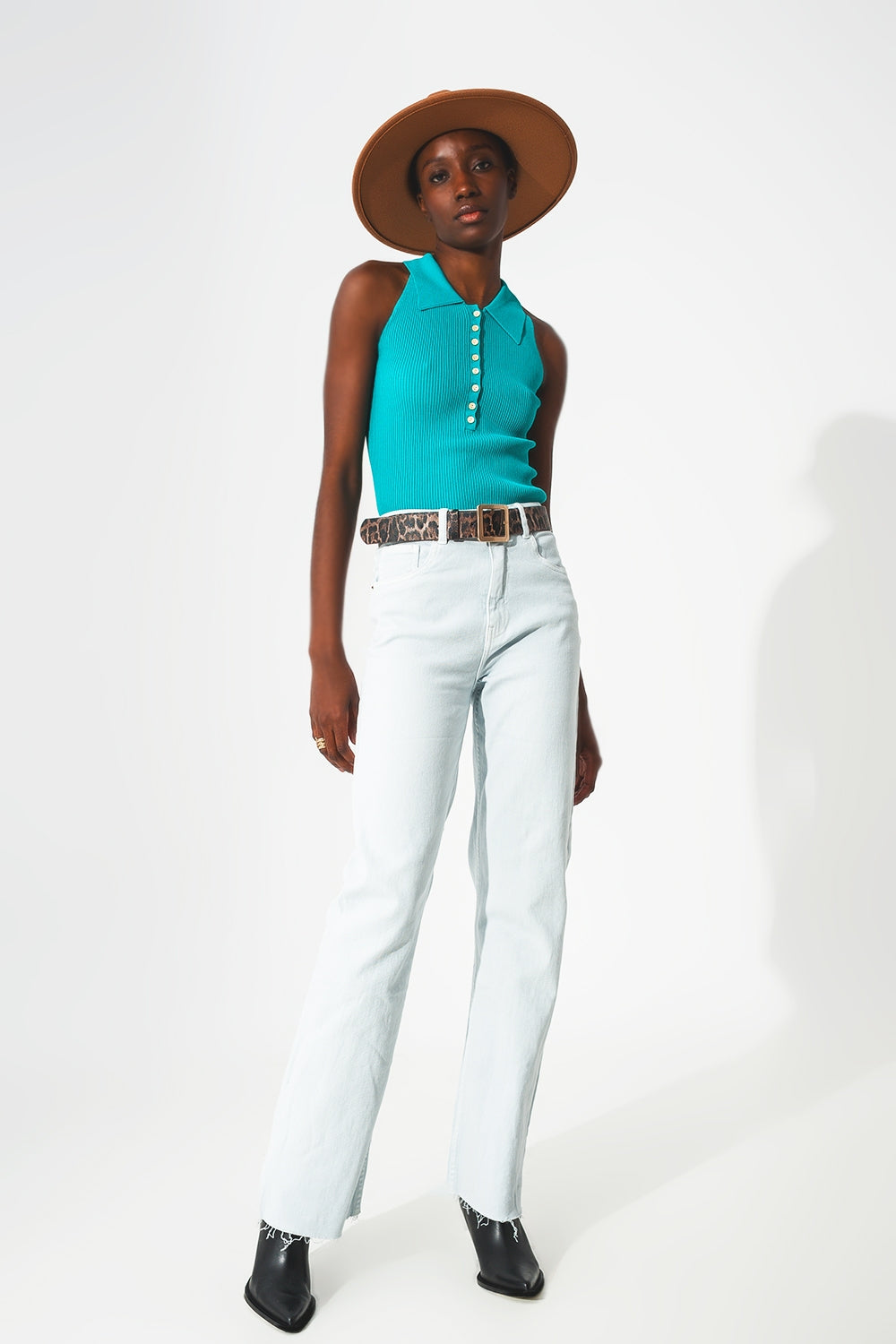 Ribbed knitted top with polo neck in turquoise Q2 Tops BoutiqueLua