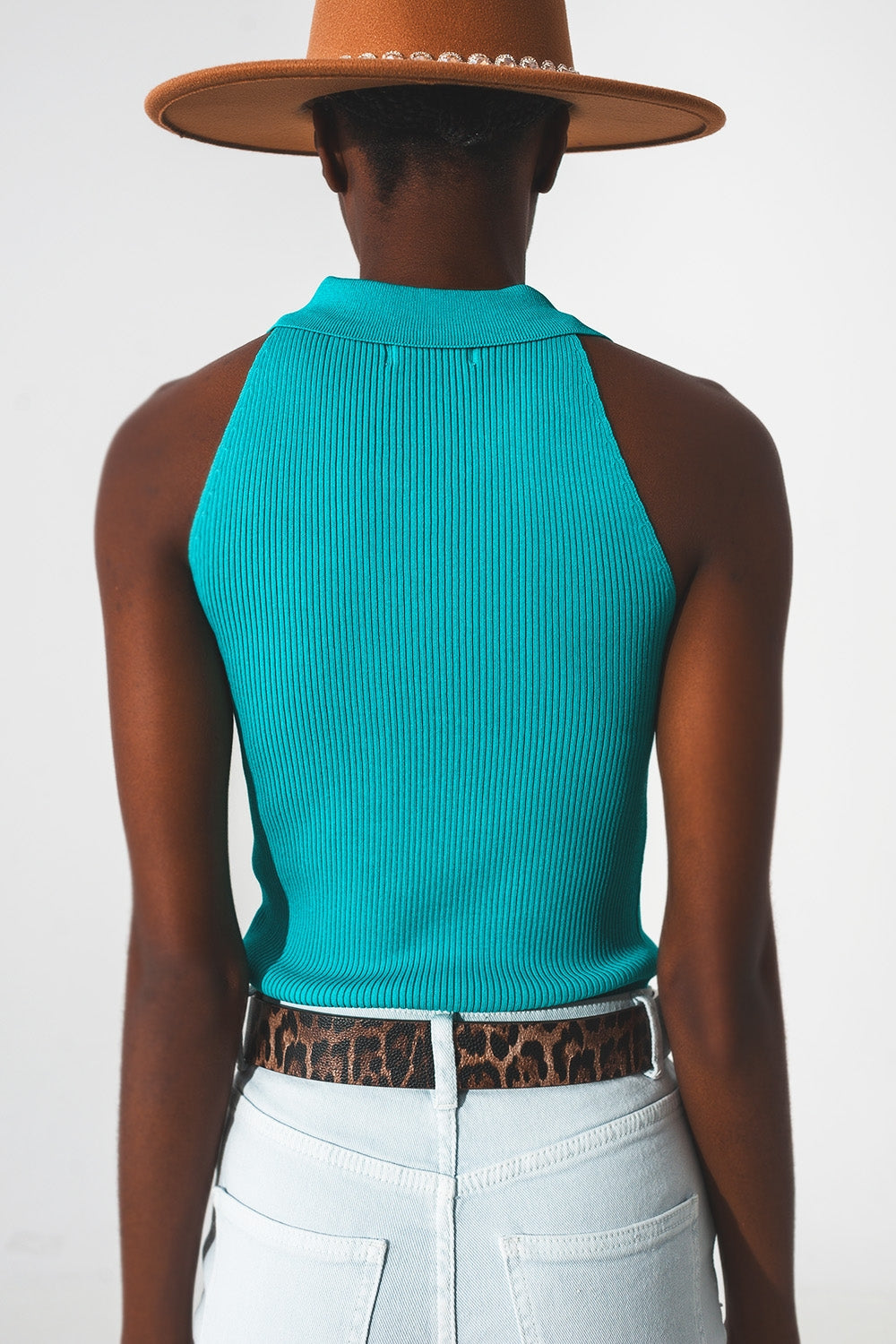 Ribbed knitted top with polo neck in turquoise Q2 Tops BoutiqueLua