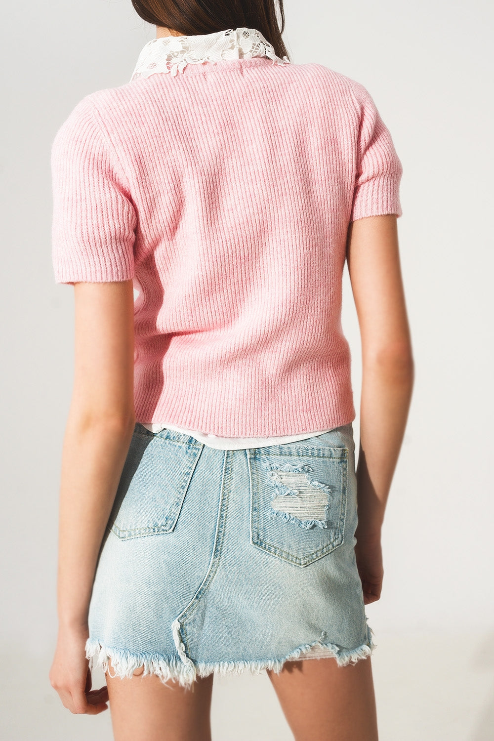 Ribbed short sleeve crop knitted top in pink Q2 Sweaters BoutiqueLua
