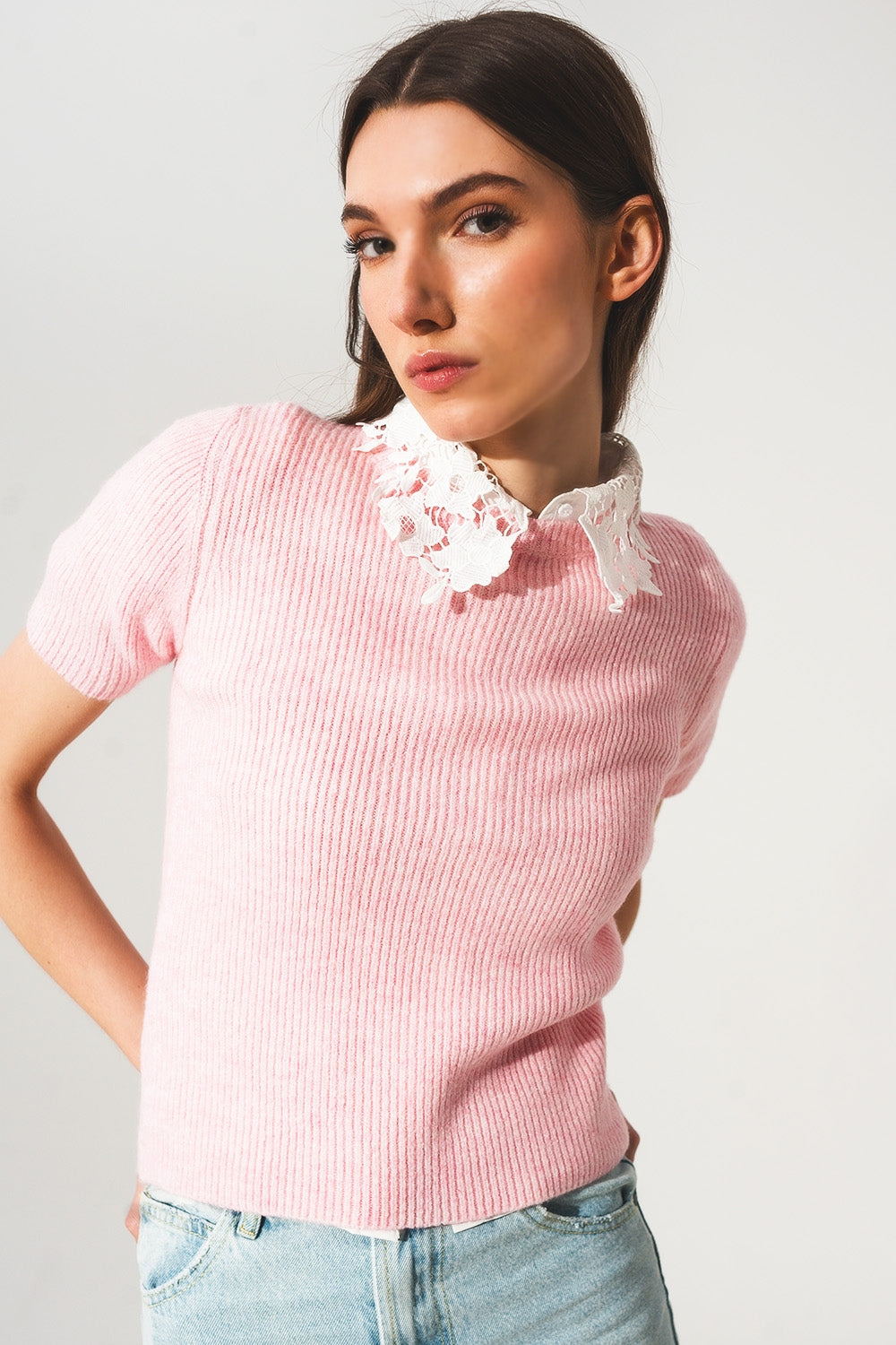 Ribbed short sleeve crop knitted top in pink Q2 Sweaters BoutiqueLua