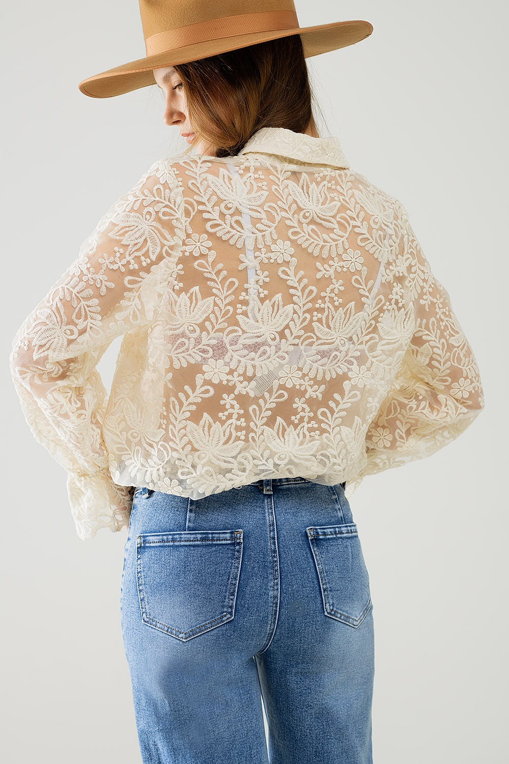 Romantic beige Lace Shirt With Balloon Sleeves - Shirts