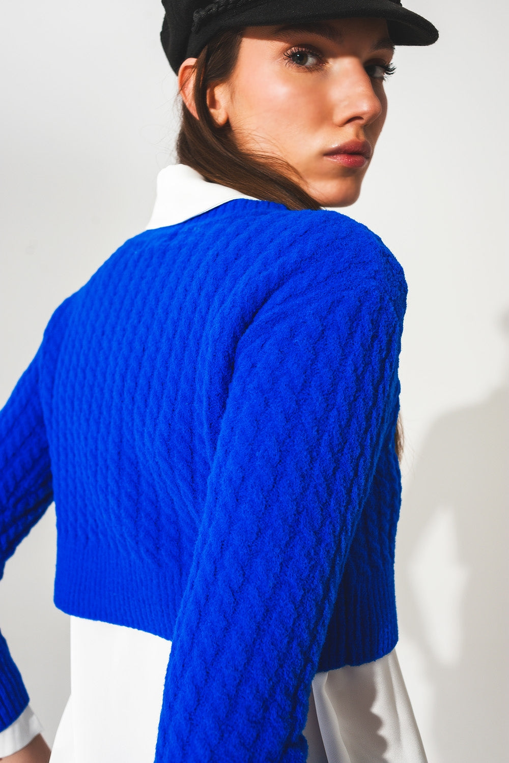 Round neck cable knit crop jumper in blue Q2 Sweaters BoutiqueLua