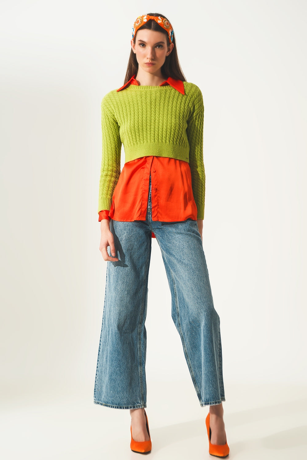 Round neck cable knit crop jumper in lime green Q2 Sweaters BoutiqueLua