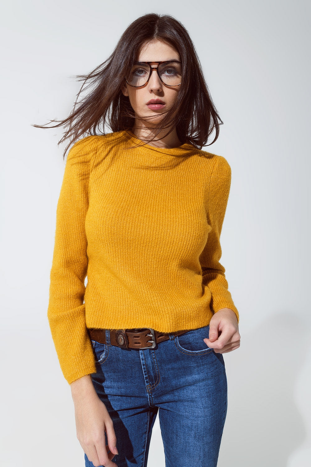 Round neck chunky ribbed jumper in mustard Q2 Sweaters BoutiqueLua