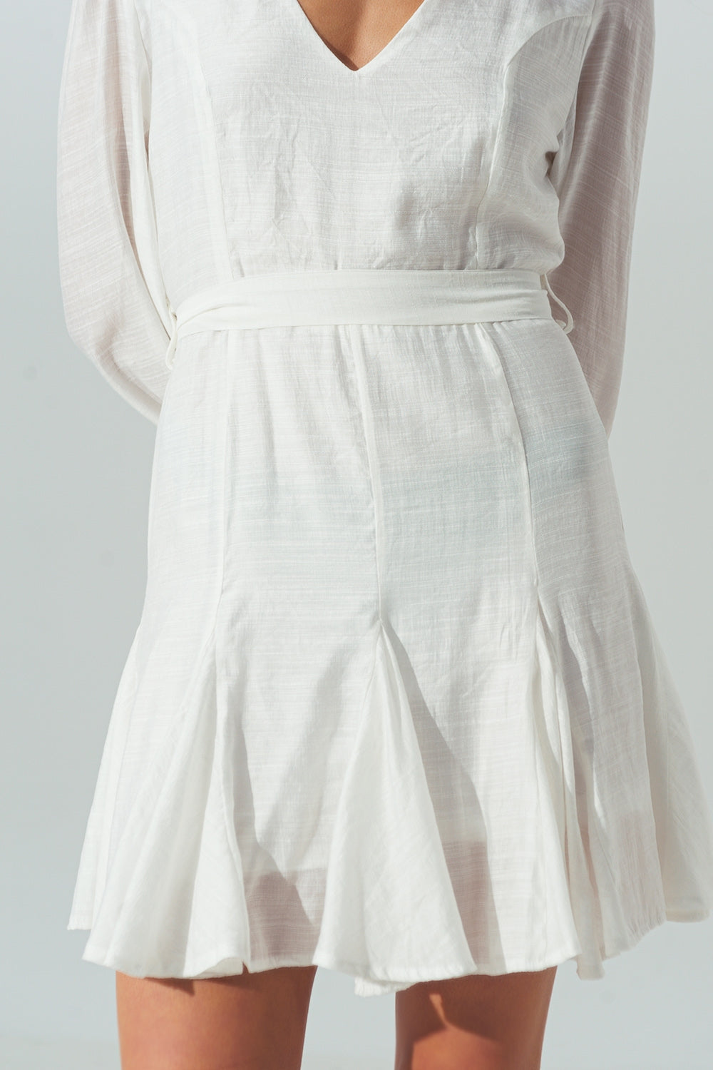 Ruffle V Neck Dress in White Q2 Dresses BoutiqueLua
