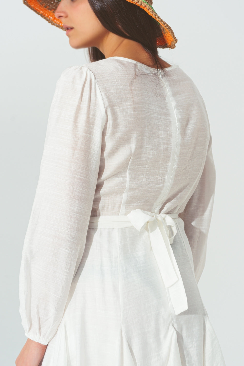 Ruffle V Neck Dress in White Q2 Dresses BoutiqueLua