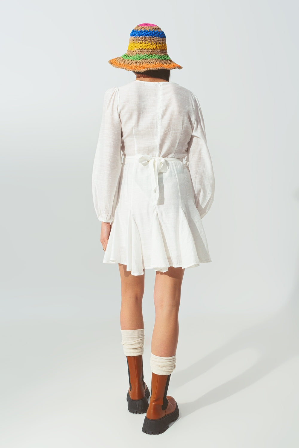 Ruffle V Neck Dress in White Q2 Dresses BoutiqueLua