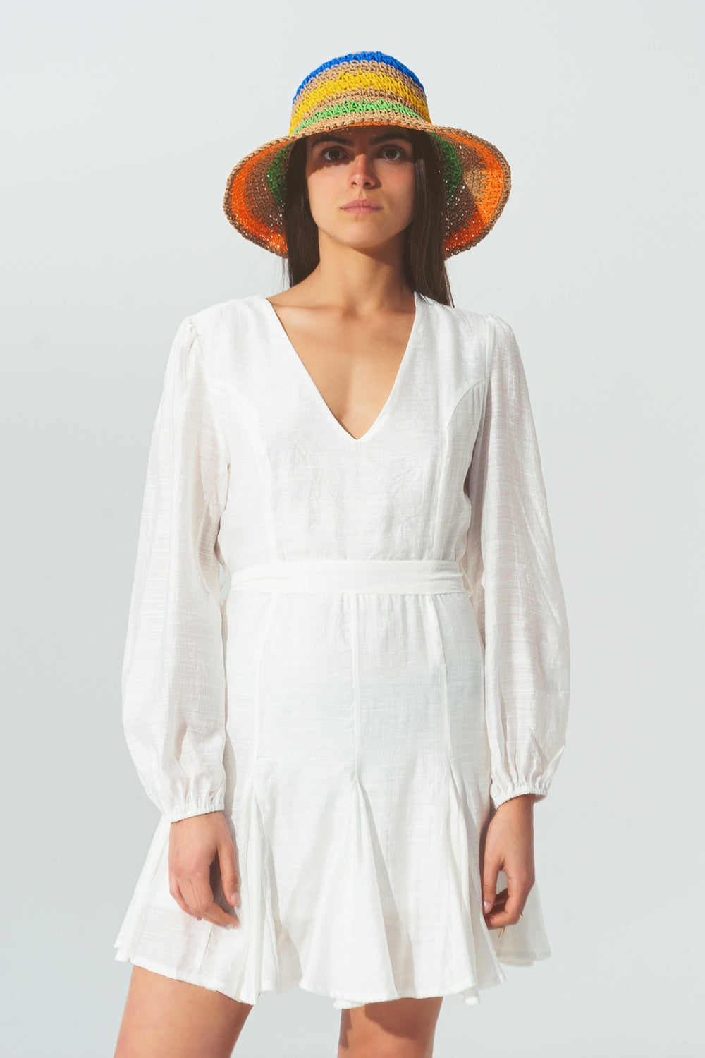 Ruffle V Neck Dress in White Q2 Dresses BoutiqueLua