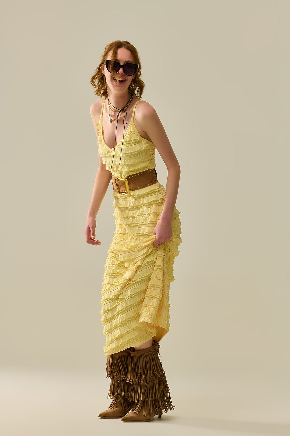 Ruffled maxi dress in yellow with straps - Dresses