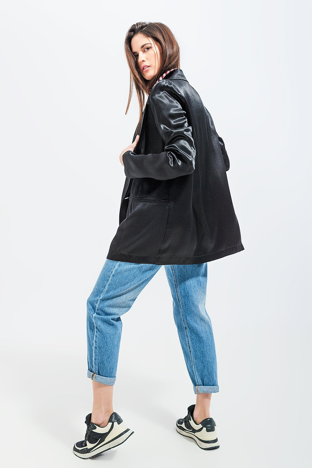Satin blazer in black Q2 Coats and Jackets BoutiqueLua