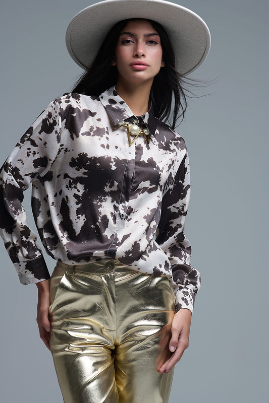 Satin Brown and Cream Cow Print Relaxed Shirt - Shirts