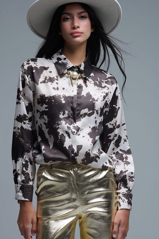 Satin Brown and Cream Cow Print Relaxed Shirt - Shirts