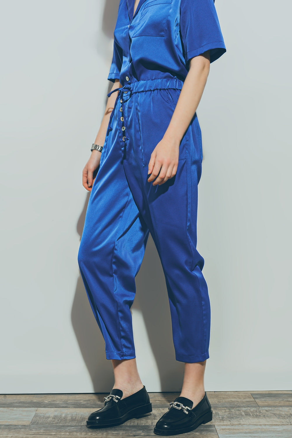 Satin Cropped Pants in Blue Q2 Pants BoutiqueLua