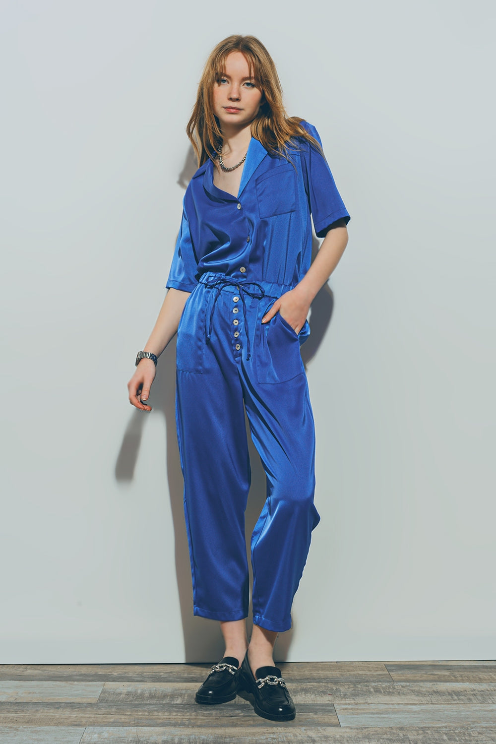 Satin Cropped Pants in Blue Q2 Pants BoutiqueLua
