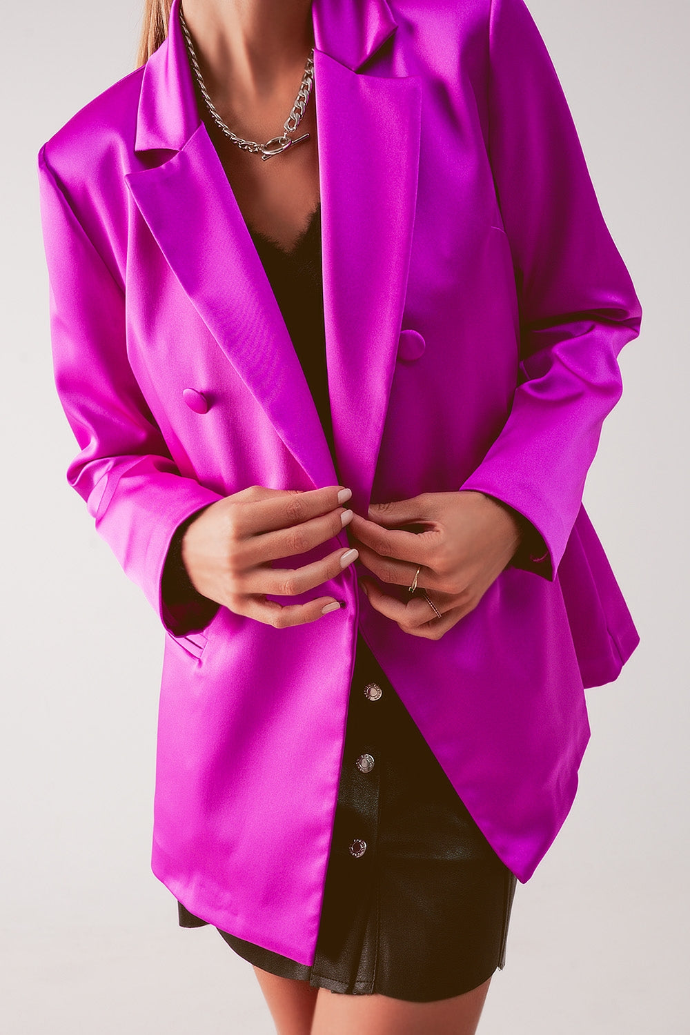 Satin double breasted suit blazer in fuchsia Q2 Coats and Jackets BoutiqueLua