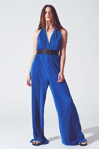 Macacão longo plissado com decote halter em cetim azul