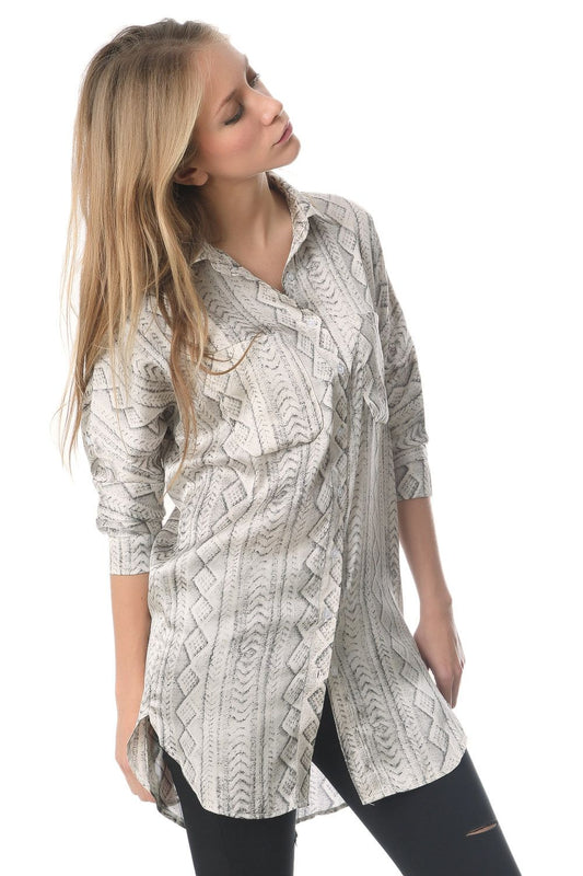 Satin longline shirt in grey abstract print - Shirts