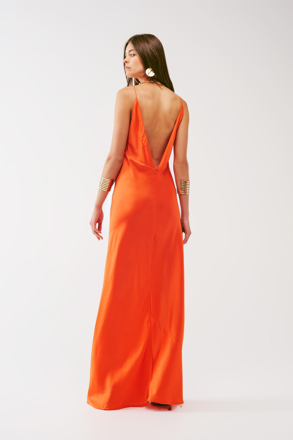Satin Maxi Dress with Spaghetti Straps in Orange Q2 Dresses BoutiqueLua