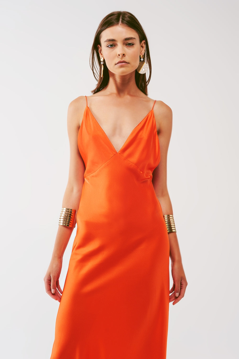 Satin Maxi Dress with Spaghetti Straps in Orange Q2 Dresses BoutiqueLua