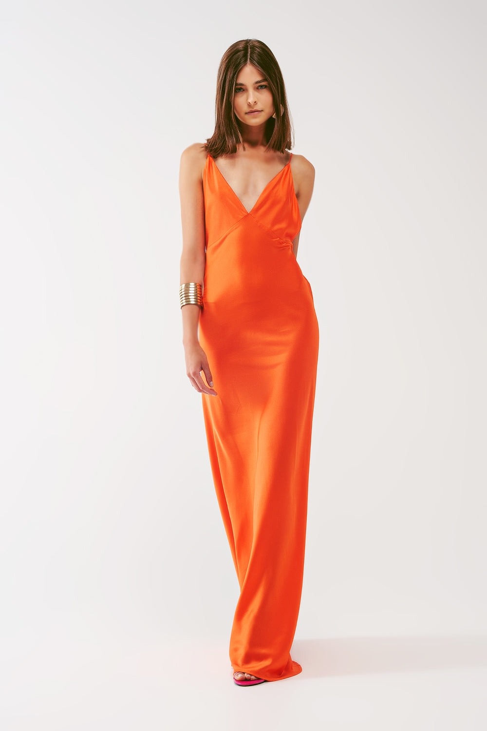 Satin Maxi Dress with Spaghetti Straps in Orange Q2 Dresses BoutiqueLua