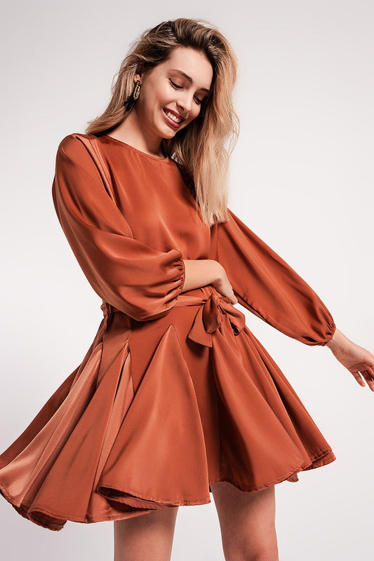 Satin mini dress with belt in orange - Dresses