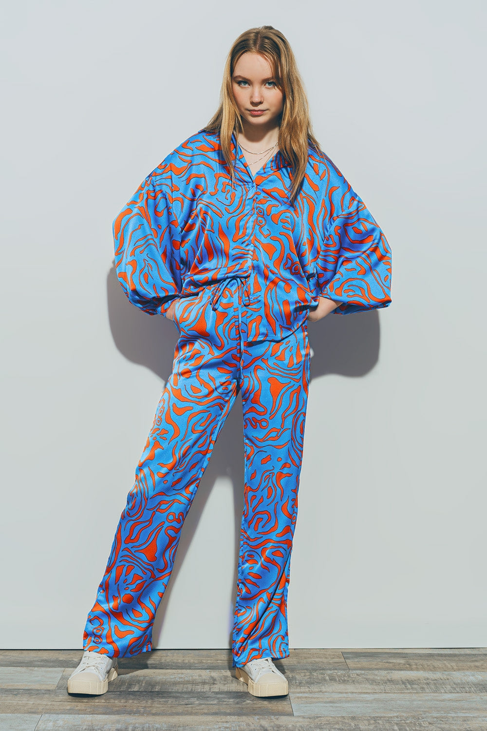 Satin Pants with Elastic Waist in Blue Q2 Pants BoutiqueLua