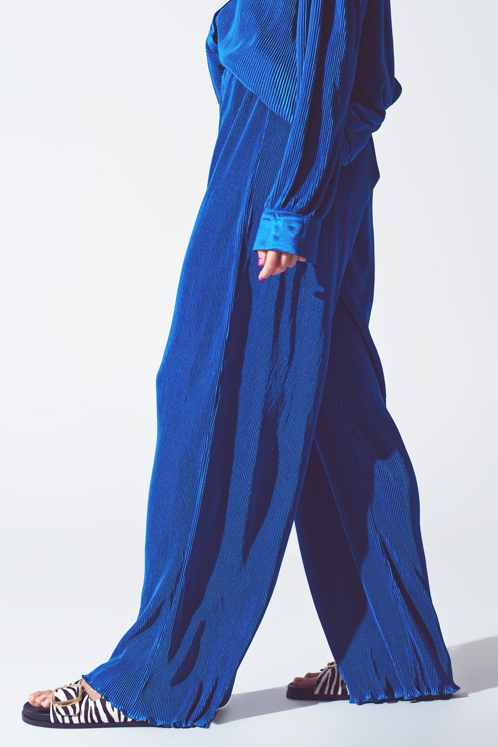 Satin Pleated Wide Leg Pants in Blue - Trousers
