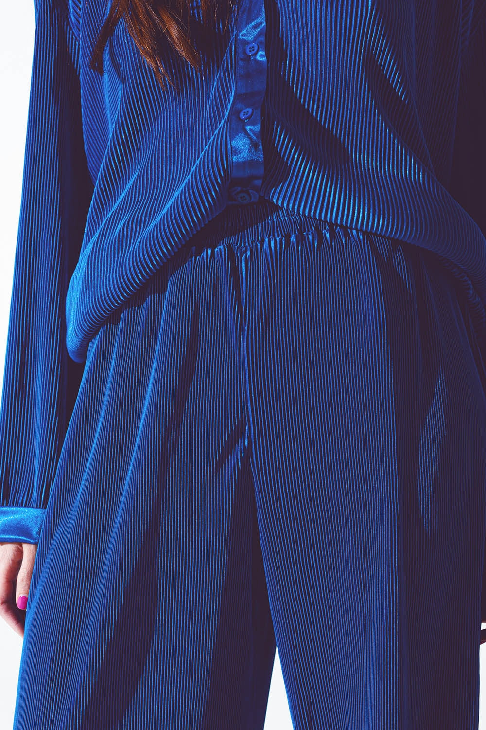Satin Pleated Wide Leg Pants in Blue - Trousers