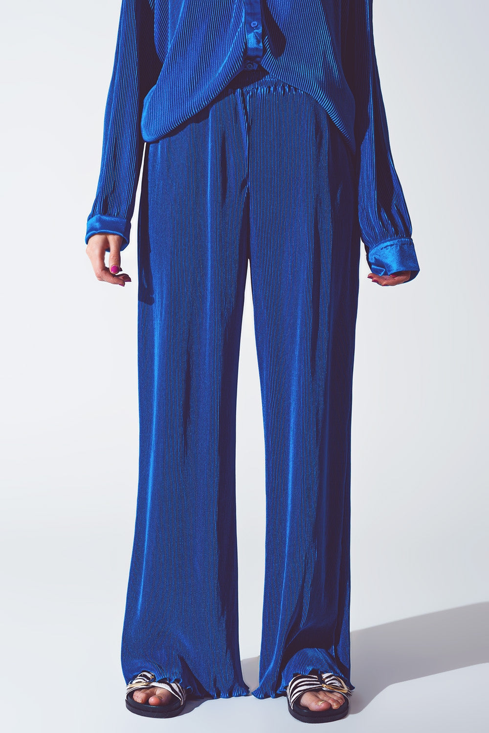 Satin Pleated Wide Leg Pants in Blue - Trousers