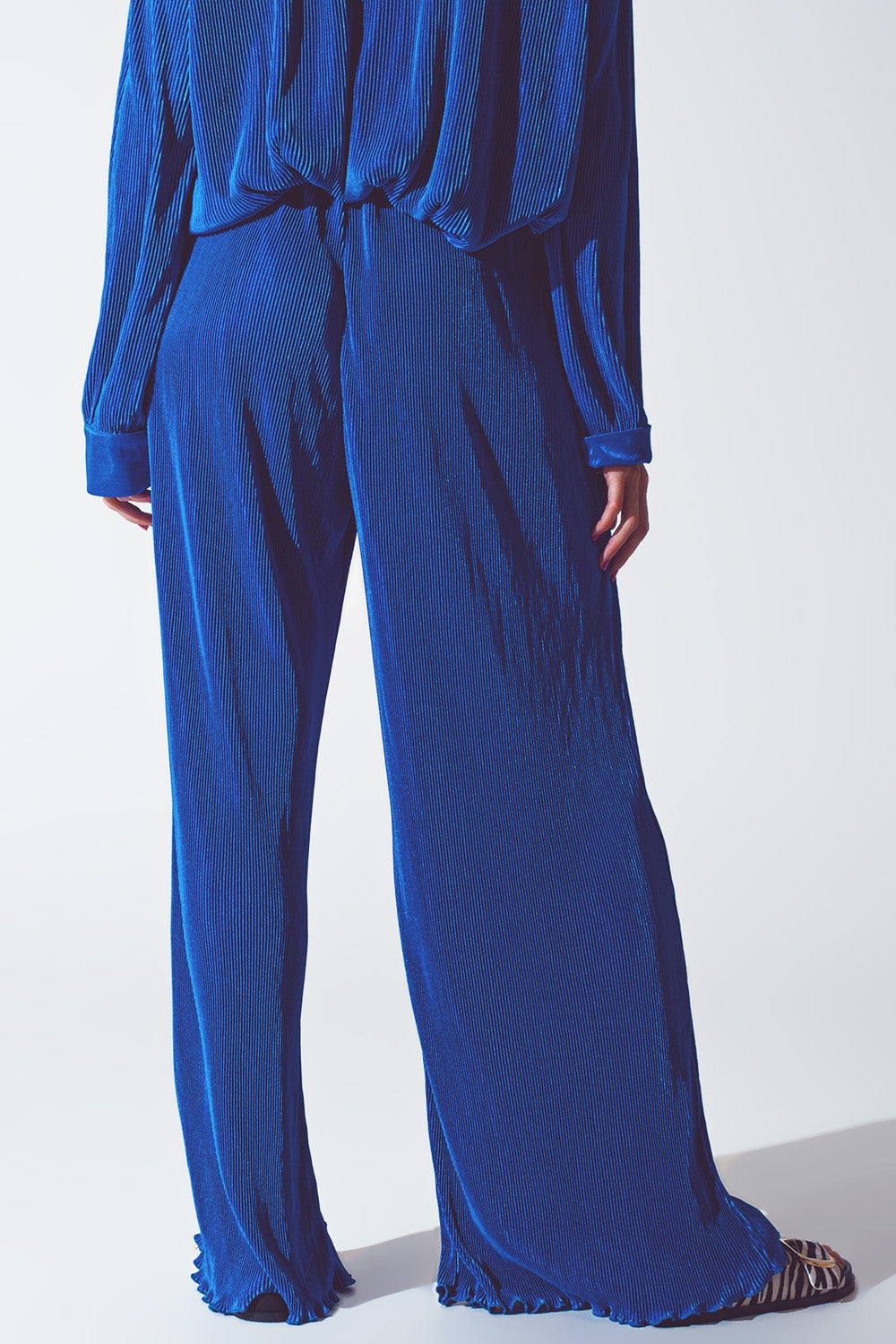 Satin Pleated Wide Leg Pants in Blue - Trousers