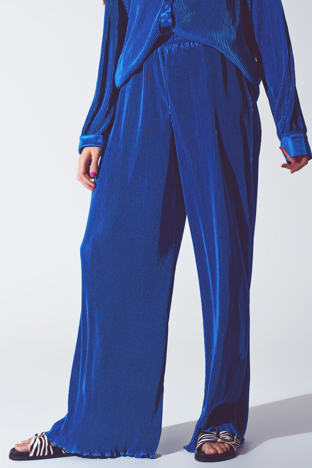 Satin Pleated Wide Leg Pants in Blue - Trousers