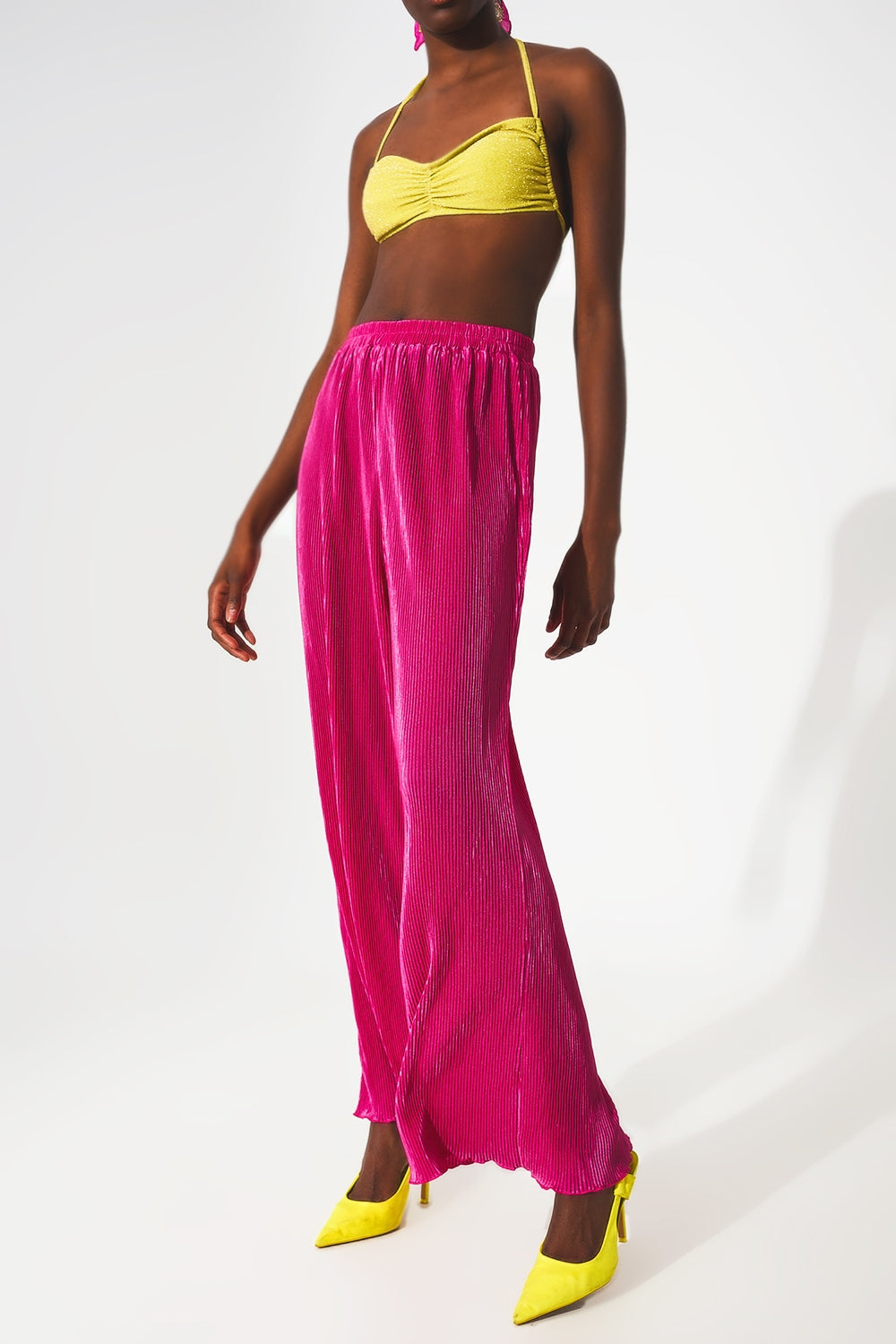 Satin pleated wide leg pants in fuchsia Q2 Pants BoutiqueLua