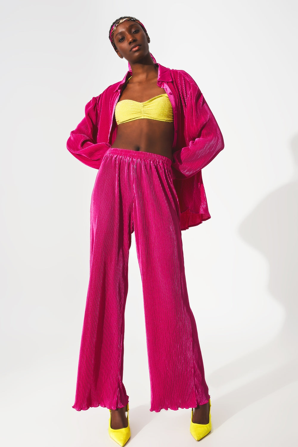 Satin pleated wide leg pants in fuchsia Q2 Pants BoutiqueLua