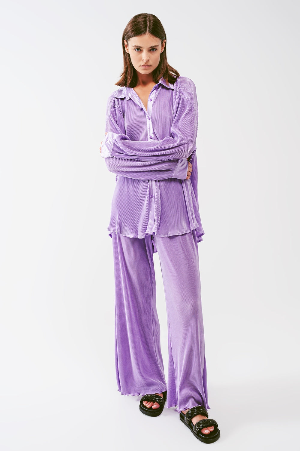 Satin Pleated Wide Leg Pants in lilac Q2 Pants BoutiqueLua