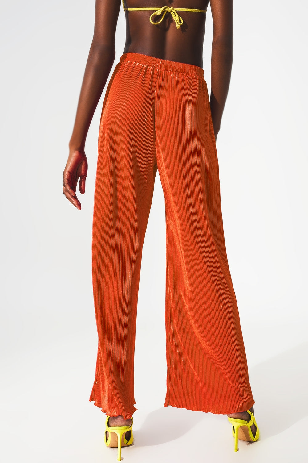 Satin pleated wide leg pants in orange Q2 Pants BoutiqueLua