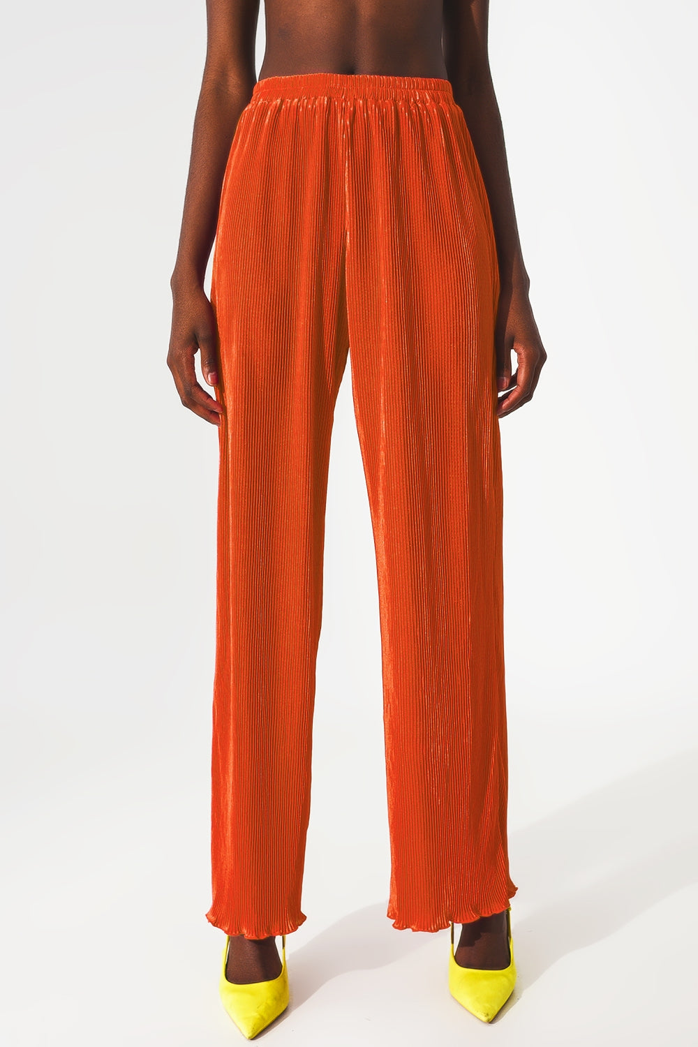 Satin pleated wide leg pants in orange Q2 Pants BoutiqueLua