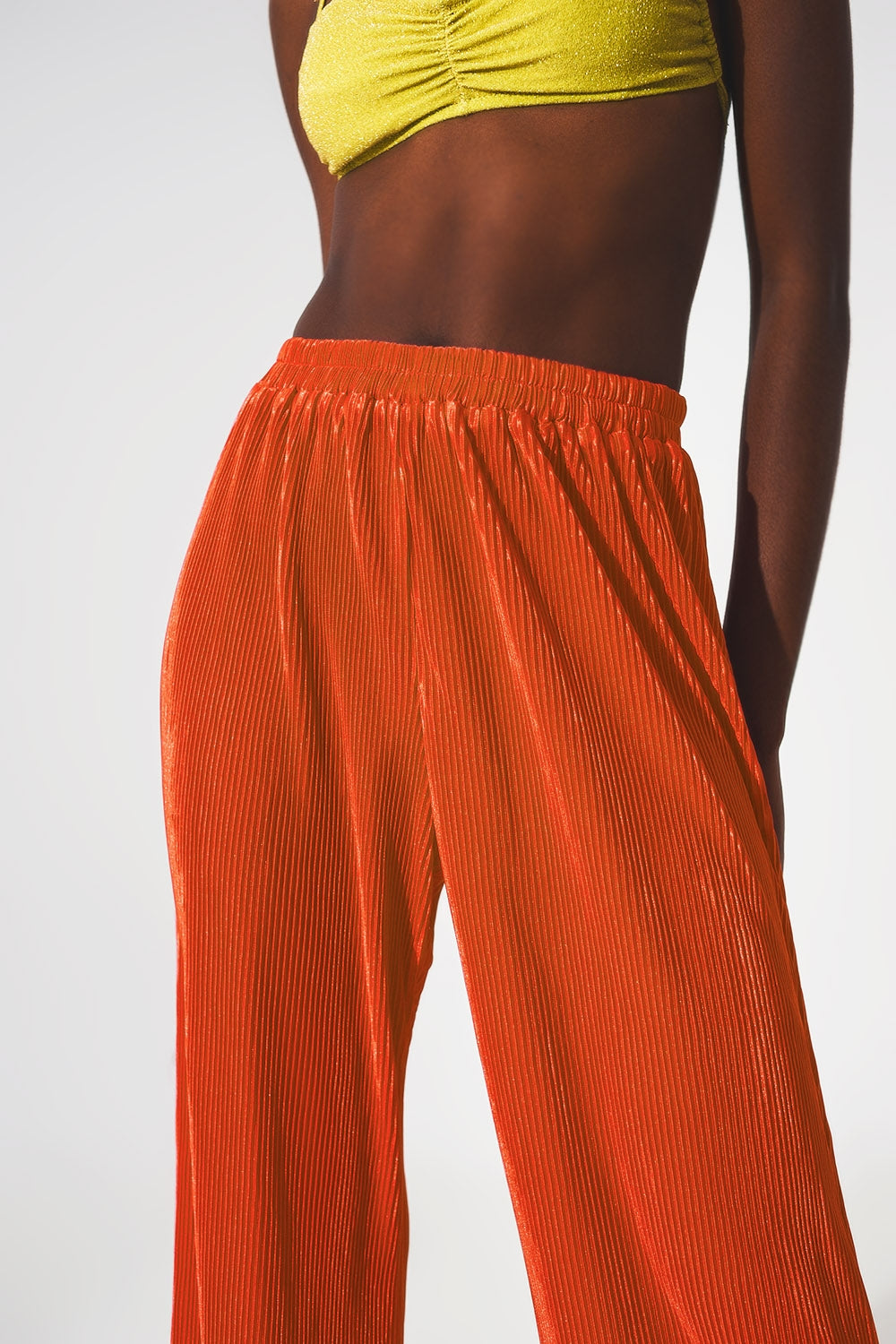 Satin pleated wide leg pants in orange Q2 Pants BoutiqueLua