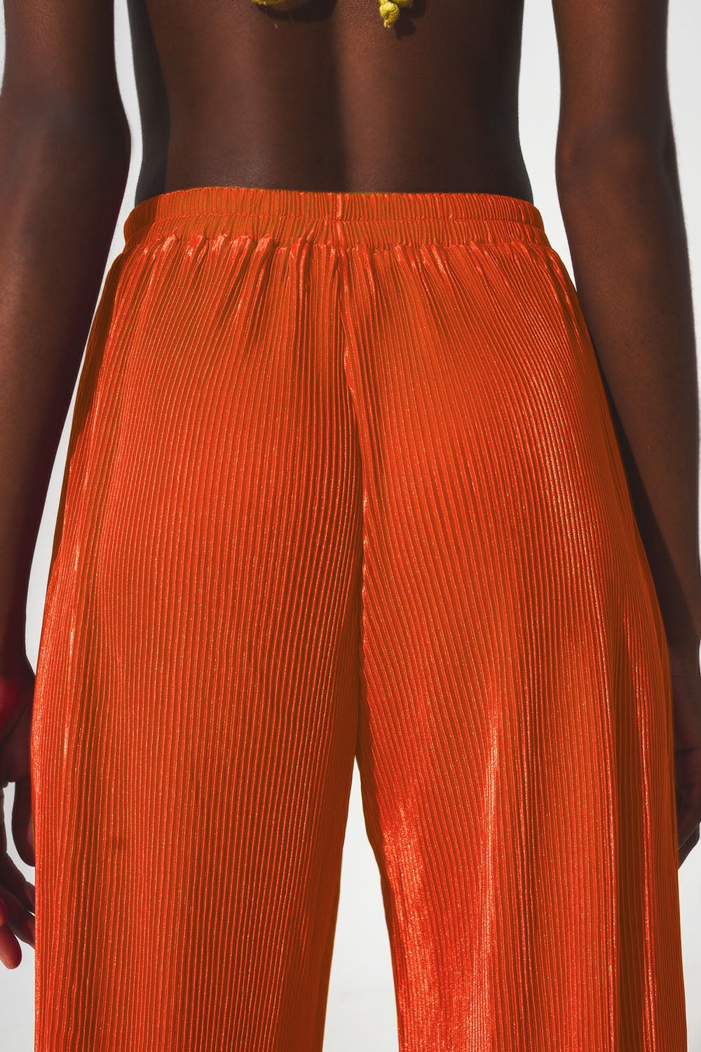 Satin pleated wide leg pants in orange Q2 Pants BoutiqueLua