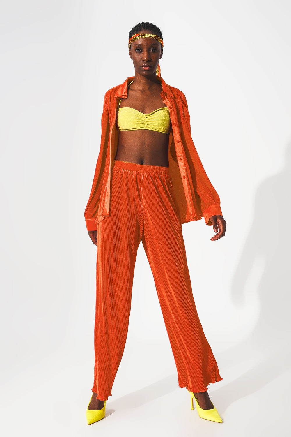 Satin pleated wide leg pants in orange Q2 Pants BoutiqueLua