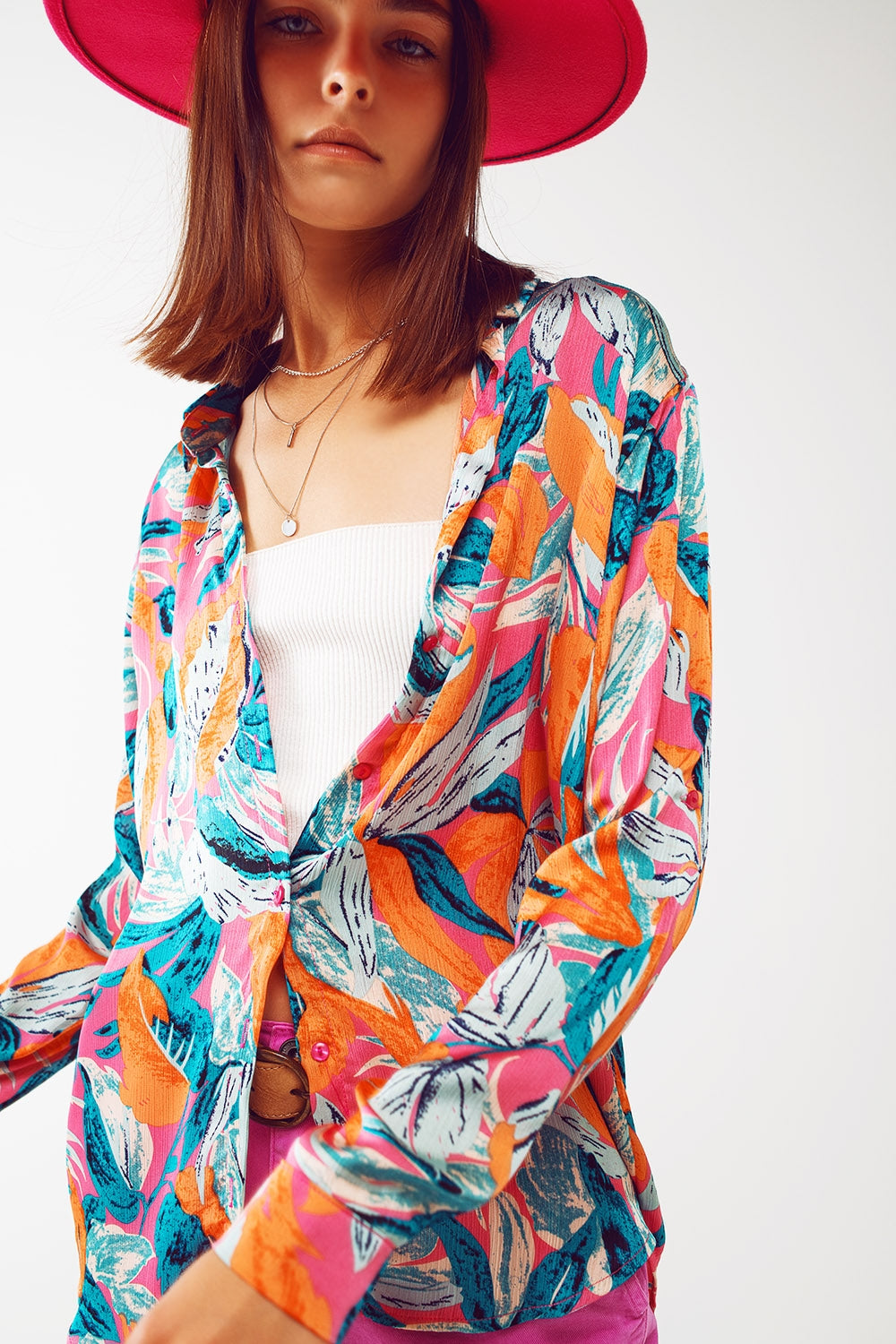 Satin Shirt In Floral Print in Orange - Shirts