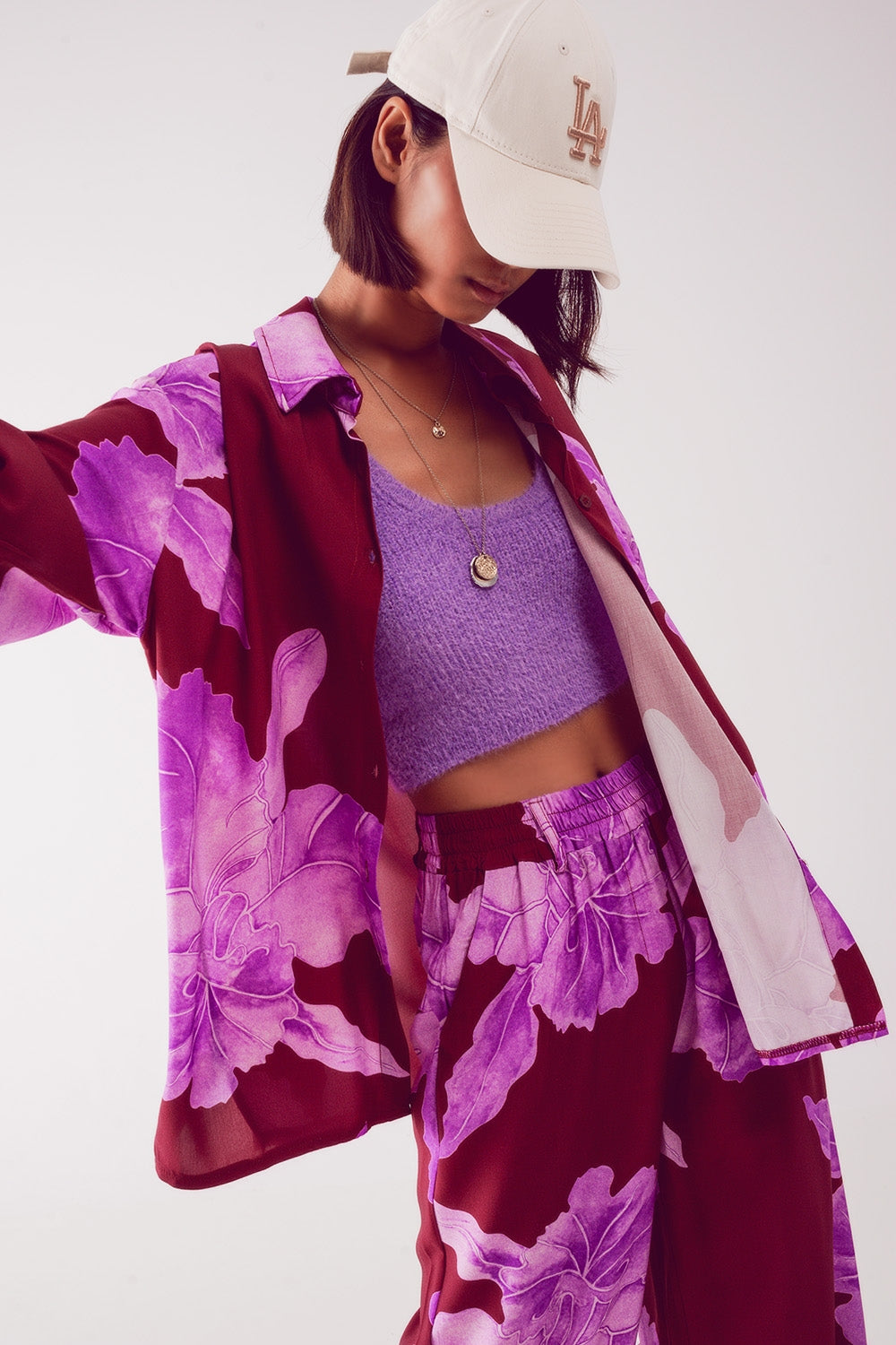 Satin shirt in fuchsia with large floral print Q2 Shirts BoutiqueLua