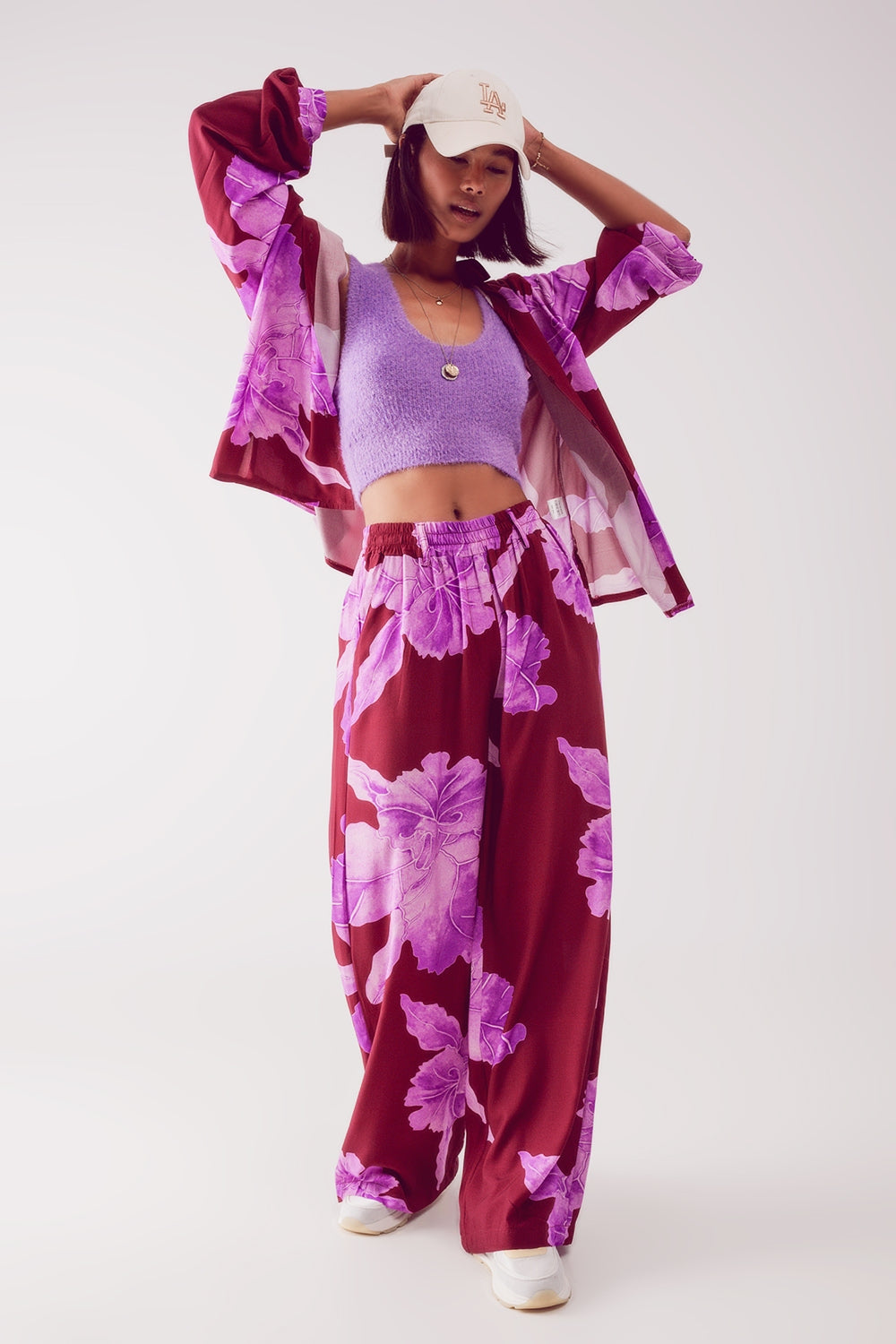 Satin shirt in fuchsia with large floral print Q2 Shirts BoutiqueLua
