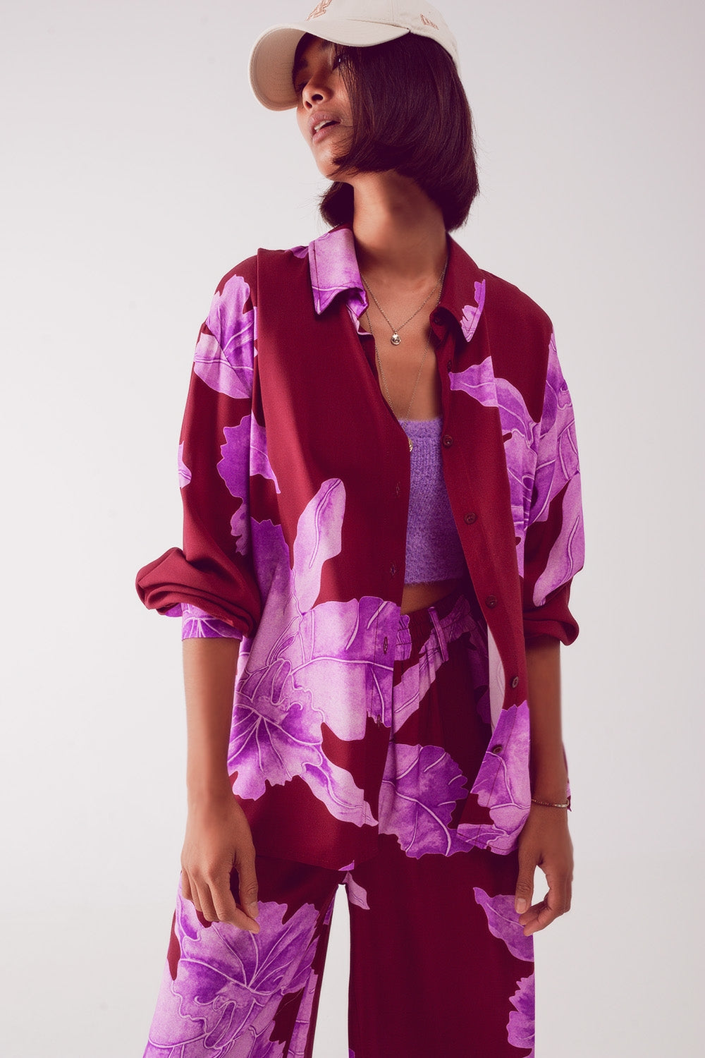 Satin shirt in fuchsia with large floral print Q2 Shirts BoutiqueLua