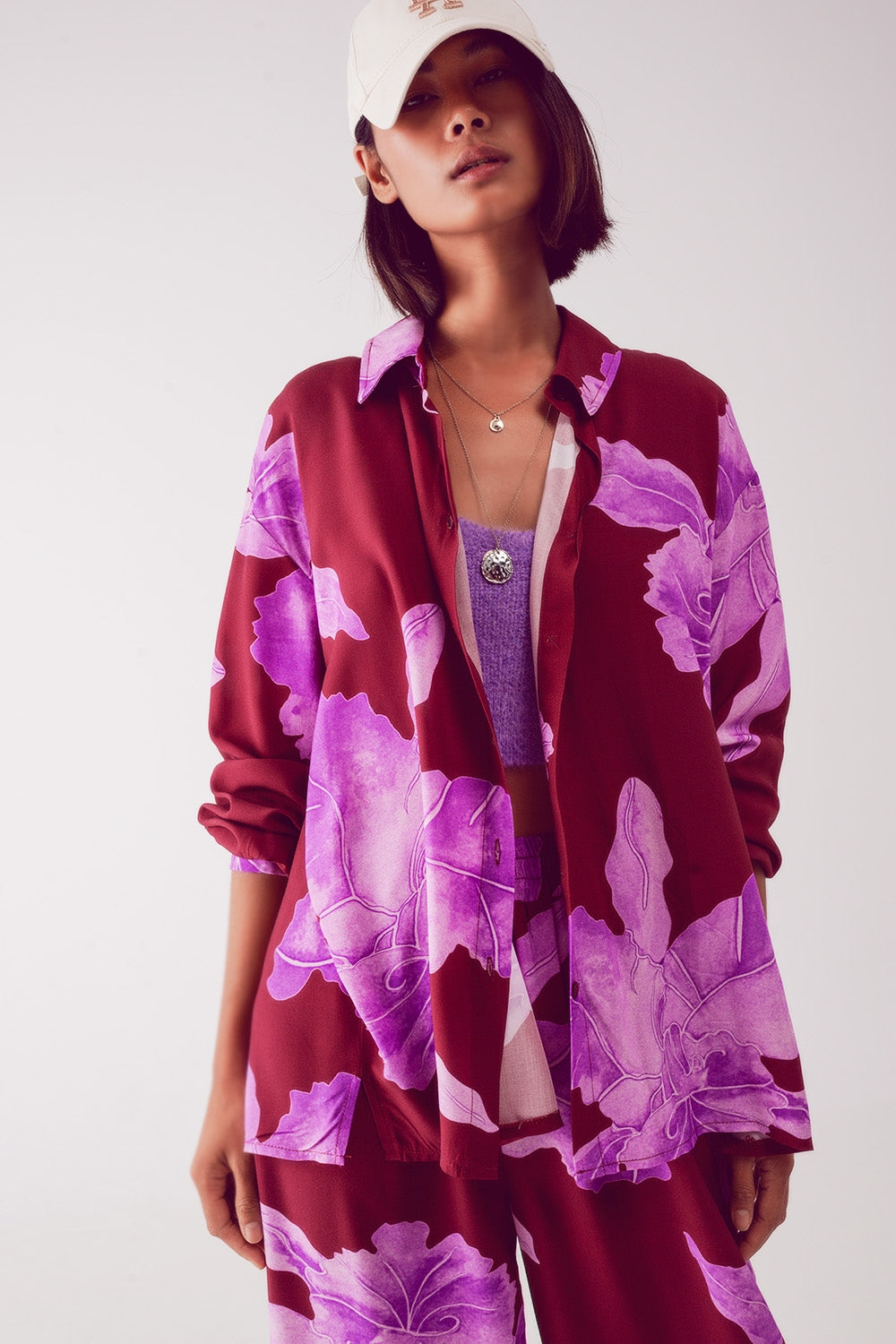 Satin shirt in fuchsia with large floral print Q2 Shirts BoutiqueLua