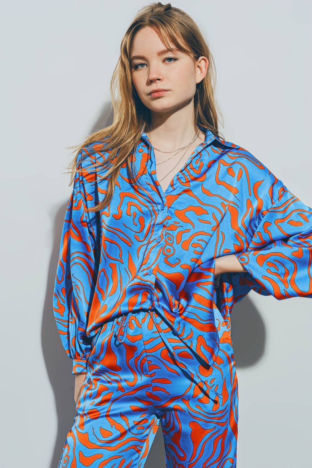 Satin Shirt with Balloon Sleeves in Blue Q2 Shirts BoutiqueLua