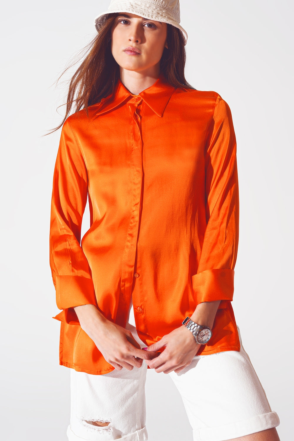 Satin shirt with split cuff in orange Q2 Shirts BoutiqueLua