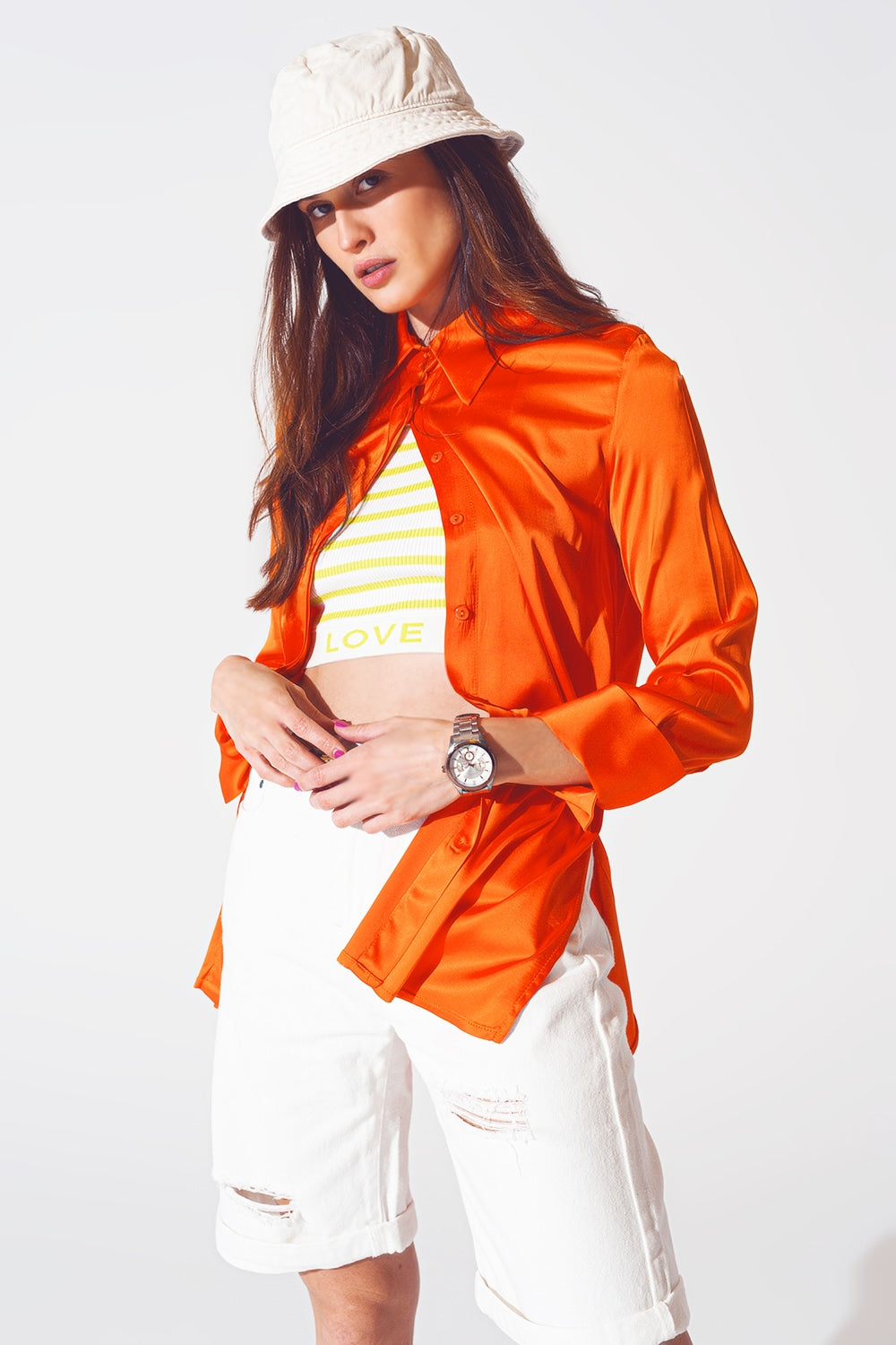 Satin shirt with split cuff in orange Q2 Shirts BoutiqueLua