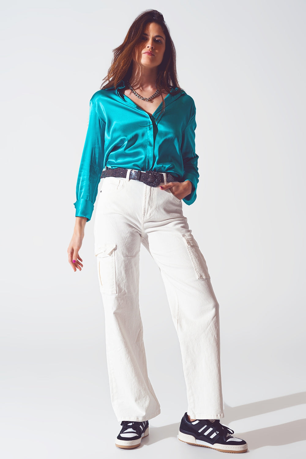 Satin shirt with split cuff in turquoise Q2 Shirts BoutiqueLua