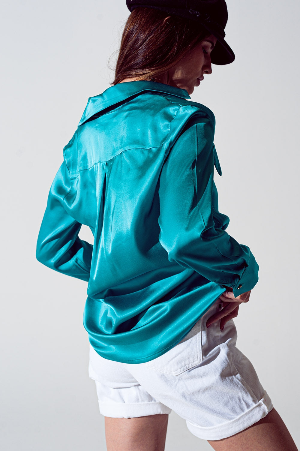 Satin shirt with split cuff in turquoise Q2 Shirts BoutiqueLua